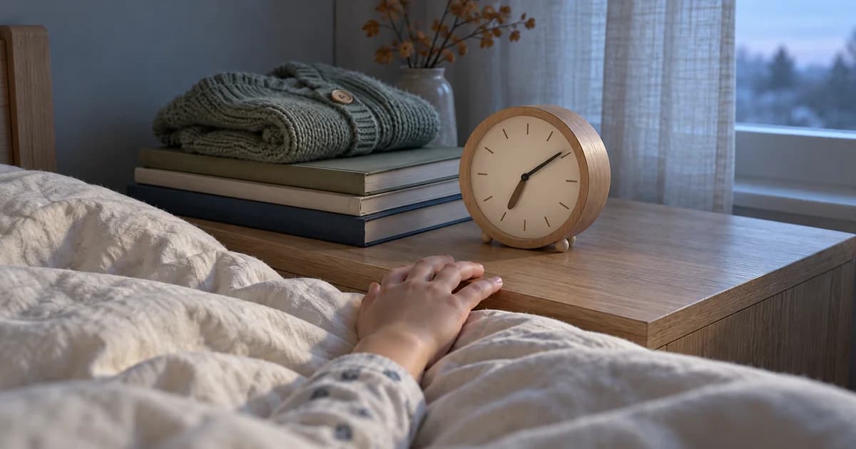 A pale wooden alarm clock on a bedside table in early morning light, with a child's hand resting on the duvet beside it.