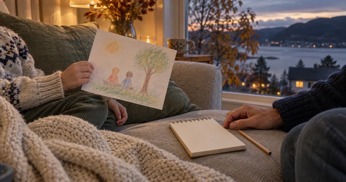 A child holds up a drawing on the sofa while an adult has a notepad and a pencil nearby.